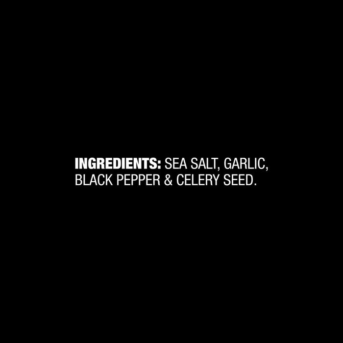 A list of ingredients for Grill Mates Signature Blend Seasoning, 6.53 Oz Bottle including sea salt, garlic, black pepper and celery seed displayed in white text on a black background.