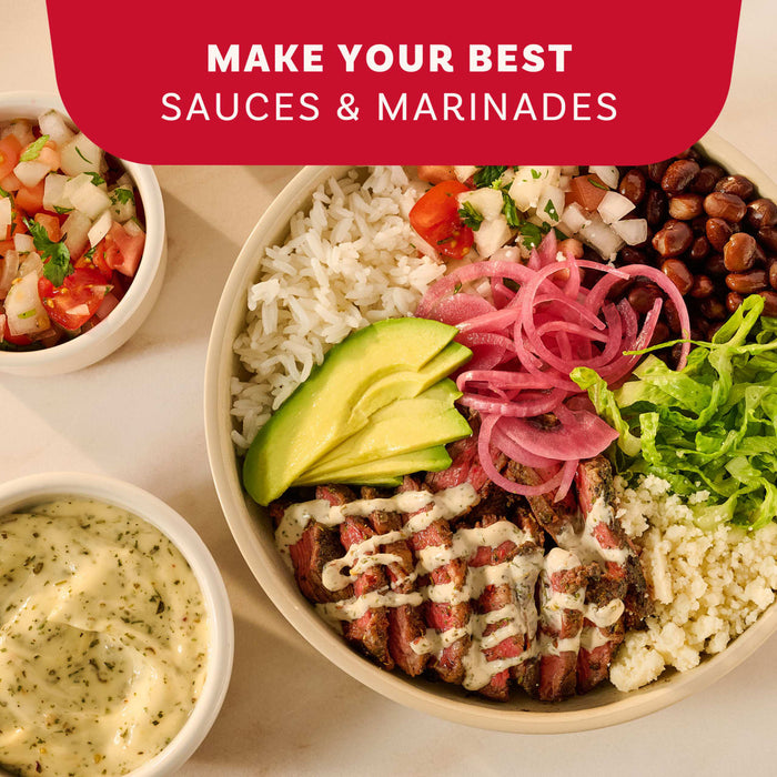 A delicious steak burrito bowl is shown with a creamy sauce made from Mccormick Chimichurri Flavored Seasoning, 2.47 Oz, alongside bowls of pico de gallo and extra sauce.
