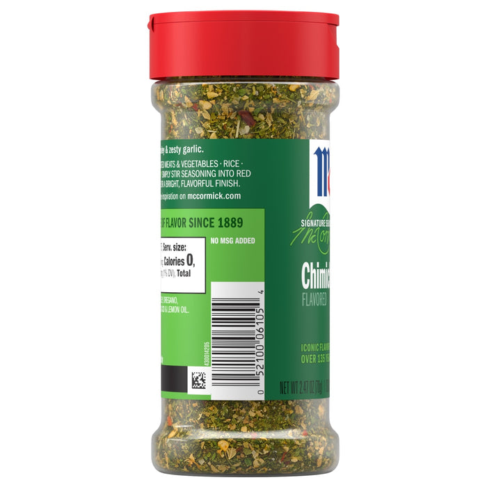 A clear bottle of McCormick Chimichurri Flavored seasoning, the Mccormick, 2.47 Oz product, is displayed with its red cap and green label against a white background.