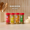 Four McCormick Signature Seasonings, including Chili Garlic, Garlic &amp; Olive Oil, Caramelized Onion, and a bottle of Mccormick Chimichurri Flavored Seasoning, 2.47 Oz, are lined up on a kitchen counter under the words DISCOVER MORE.