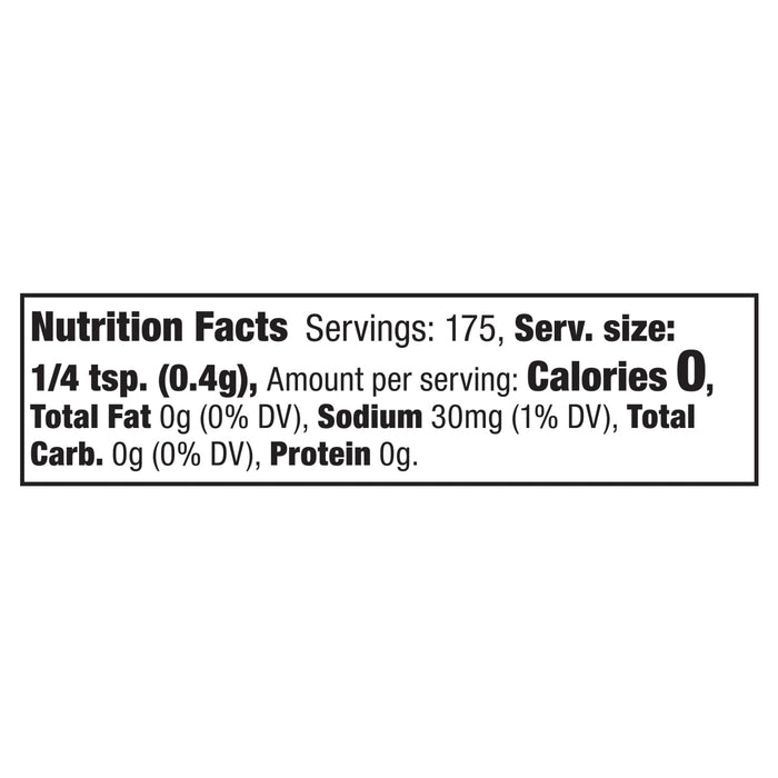 The nutrition facts label for Mccormick, 2.47 Oz, indicating that a 1/4 tsp serving contains 0 calories, 0g of fat, 30mg of sodium, and 0g of carbohydrates.