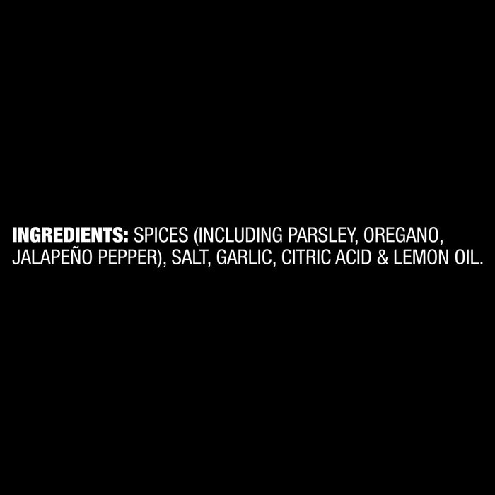 The ingredients list for Mccormick, 2.47 Oz shows spices including parsley, oregano, and jalapeño pepper, along with salt, garlic, citric acid, and lemon oil.
