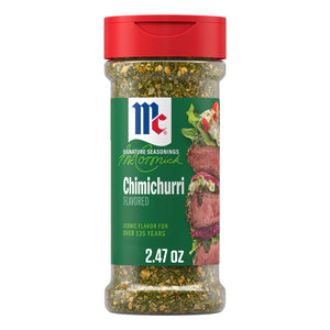 A clear plastic bottle of Mccormick Chimichurri Flavored Seasoning, 2.47 Oz, is displayed with its green label and signature red cap against a white background.