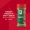 A bottle of Mccormick Chimichurri Flavored Seasoning, 2.47 Oz, is featured against a red background with text that reads, Vibrant parsley &amp; zesty garlic with a touch of heat.