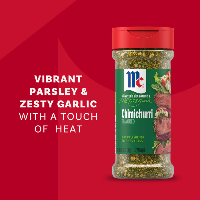 A bottle of Mccormick Chimichurri Flavored Seasoning, 2.47 Oz, is featured against a red background with text that reads, Vibrant parsley &amp; zesty garlic with a touch of heat.