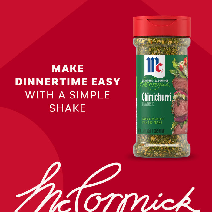 An advertisement shows a bottle of Mccormick Chimichurri Flavored Seasoning, 2.47 Oz, against a red background with the marketing slogan, Make dinnertime easy with a simple shake.