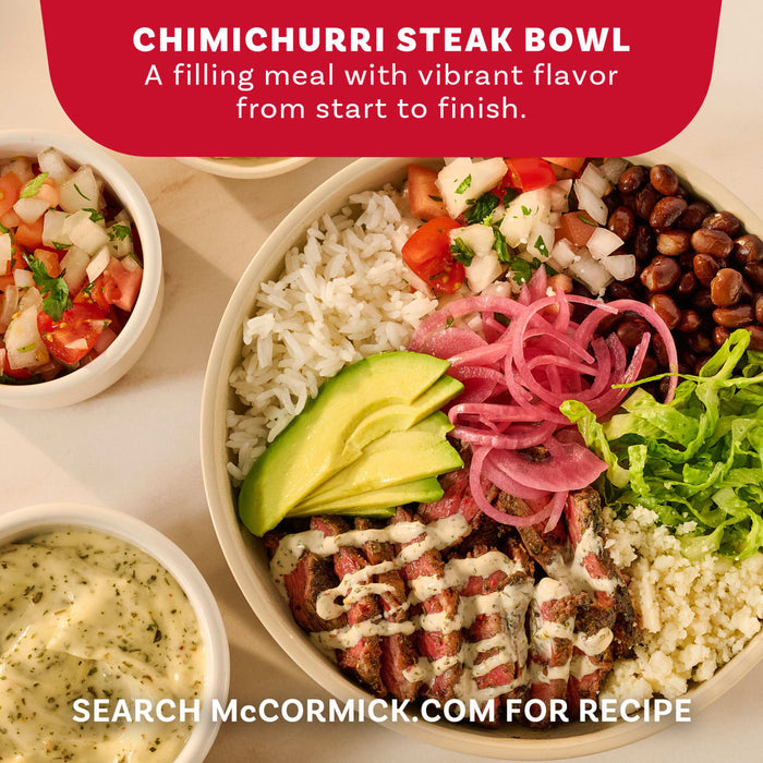 An appetizing overhead view of a Chimichurri Steak Bowl, presented as a recipe idea for Mccormick Chimichurri Flavored Seasoning, 2.47 Oz, filled with sliced steak, rice, beans, and fresh toppings.