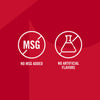 This infographic on a red background highlights that Mccormick Caramelized Onion Seasoning, 4.66 Oz has no MSG added and no artificial flavors, as shown by two white icons.