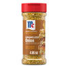 A clear bottle of Mccormick Caramelized Onion Seasoning, 4.66 Oz, is displayed with its signature red cap and a brown label that includes an image of cheesy bread.