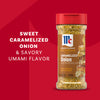 A bottle of Mccormick Caramelized Onion Seasoning, 4.66 Oz, is featured in a promotional image against a red background with text describing its sweet caramelized onion and savory umami flavor.