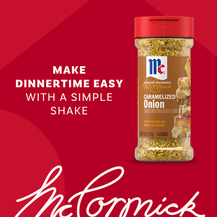 An advertisement for Mccormick Caramelized Onion Seasoning, 4.66 Oz shows the bottle on a red background next to the text, MAKE DINNERTIME EASY WITH A SIMPLE SHAKE.