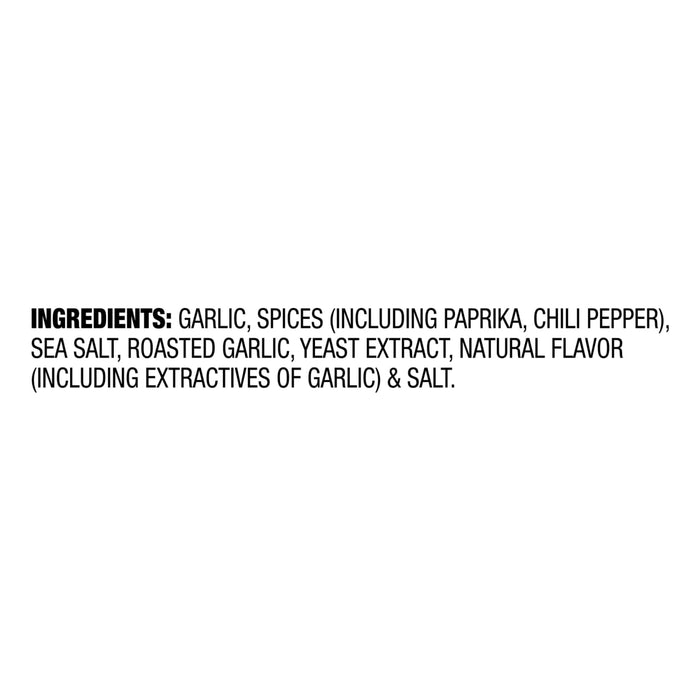 The ingredients list for Mccormick Chili Garlic Seasoning, 5.22 Oz, includes garlic, spices like paprika and chili pepper, sea salt, roasted garlic, yeast extract, natural flavor, and salt.