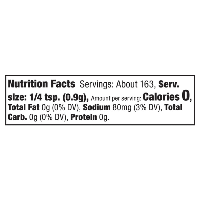 The nutrition facts label for the Mccormick, 5.22 Oz product, showing that a 1/4 teaspoon serving has 0 calories, 0g fat, 80mg sodium, and 0g protein.
