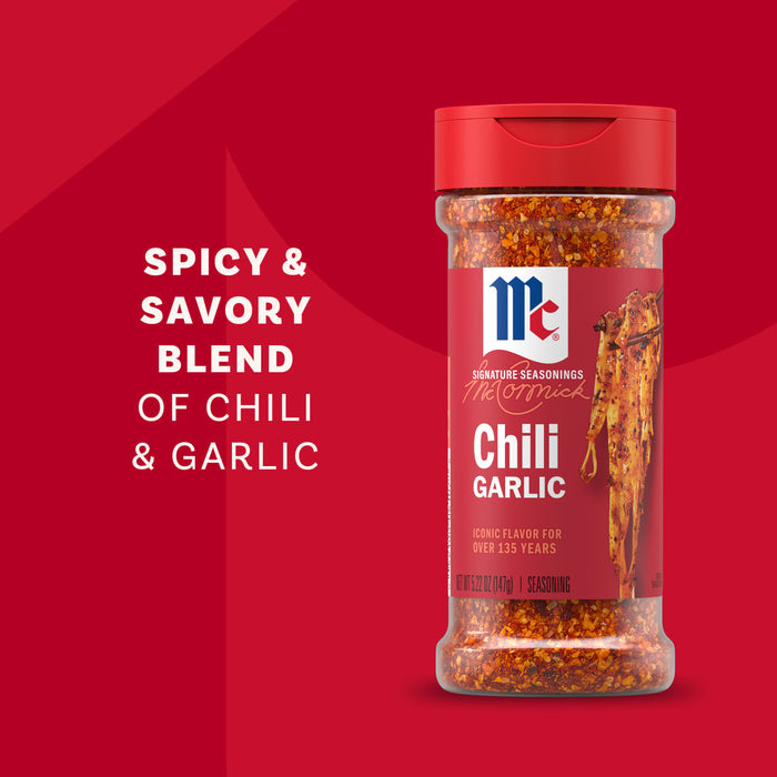 A bottle of Mccormick Chili Garlic Seasoning, 5.22 Oz, is shown against a red background with text that reads, Spicy &amp; Savory Blend of Chili &amp; Garlic.