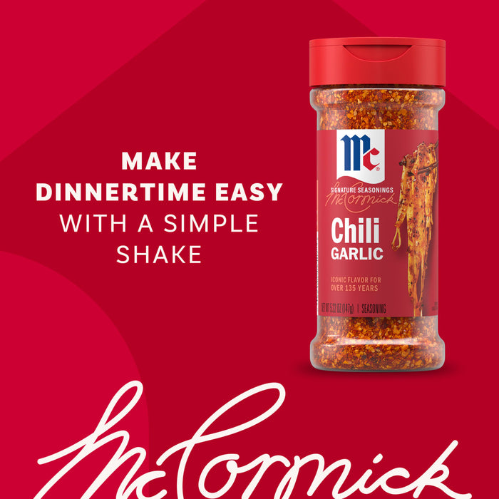 A promotional image shows a bottle of Mccormick Chili Garlic Seasoning, 5.22 Oz, against a red background with the text, Make dinnertime easy with a simple shake.