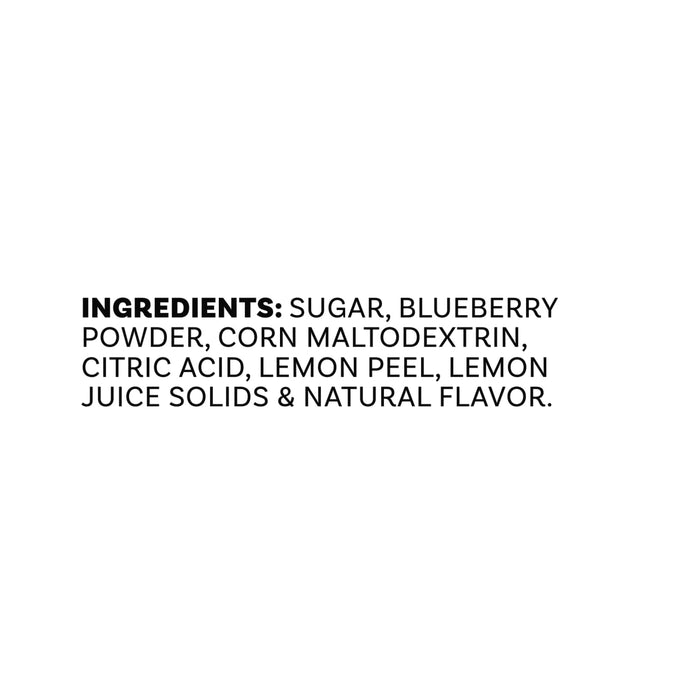 The ingredients list for Mccormick Blueberry And Lemon Finishing Sugar, 3.43 Oz, includes sugar, blueberry powder, corn maltodextrin, citric acid, lemon peel, lemon juice solids, and natural flavor.