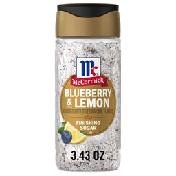 A clear shaker bottle of Mccormick Blueberry And Lemon Finishing Sugar, 3.43 Oz, is shown against a white background.