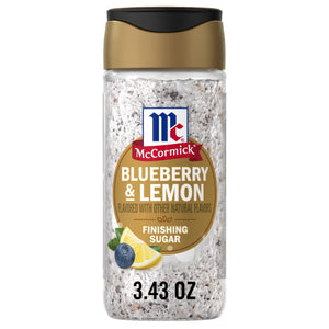 A clear shaker bottle of Mccormick Blueberry And Lemon Finishing Sugar, 3.43 Oz, is shown against a white background.