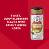 A product shot displays a bottle of Mccormick Blueberry And Lemon Finishing Sugar, 3.43 Oz, against a red background with text describing its sweet, juicy blueberry flavor with bright lemon notes.