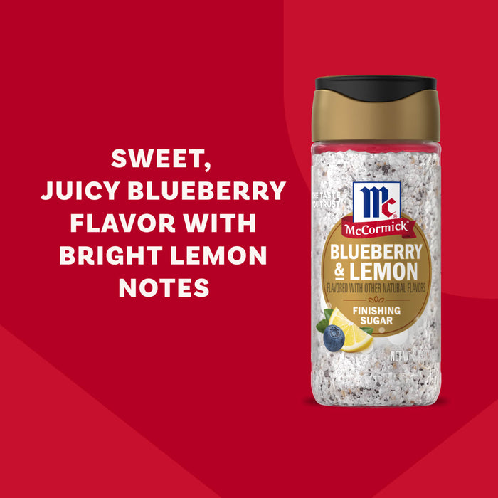 A product shot displays a bottle of Mccormick Blueberry And Lemon Finishing Sugar, 3.43 Oz, against a red background with text describing its sweet, juicy blueberry flavor with bright lemon notes.