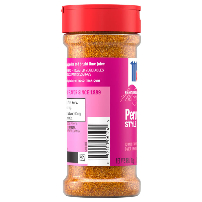 A bottle of McCormick Signature Seasonings Peruvian Style spice blend is shown.