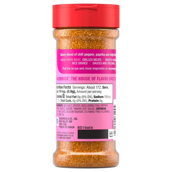 This is a container of McCormick The House of Flavor Since 1889 chili pepper, paprika, and bright lime seasoning.