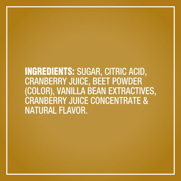 A graphic displays the ingredient list for Mccormick Cranberry Finishing Sugar, 3.43 Oz, which includes sugar, citric acid, cranberry juice, beet powder for color, vanilla bean extractives, cranberry juice concentrate, and natural flavor.