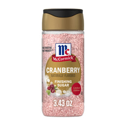 A clear plastic bottle of Mccormick Cranberry Finishing Sugar, 3.43 Oz featuring a gold and black cap and pink granulated sugar inside.