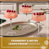 Three elegant coupe glasses filled with a Cranberry and Meyer Lemon Pressé Cocktail feature rims coated in Mccormick Cranberry Finishing Sugar 3.43 Oz and are garnished with sugared cranberries and rosemary sprigs.