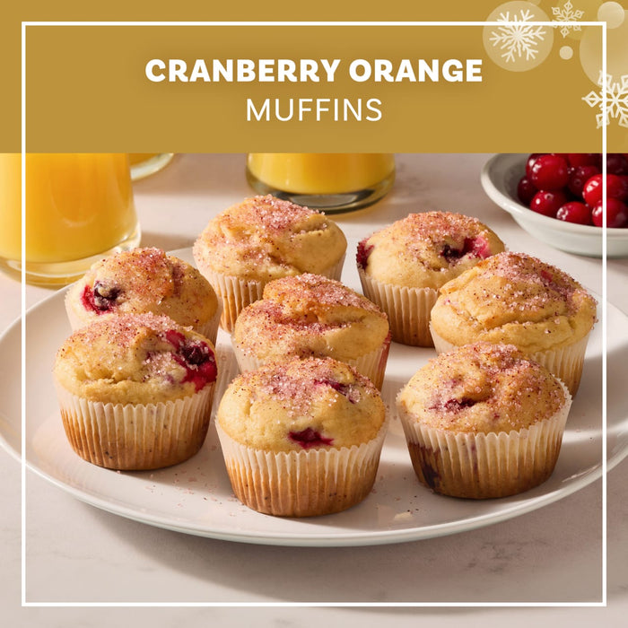A plate of freshly baked cranberry orange muffins is topped with a sparkling dusting of Mccormick Cranberry Finishing Sugar 3.43 Oz for a festive holiday treat.