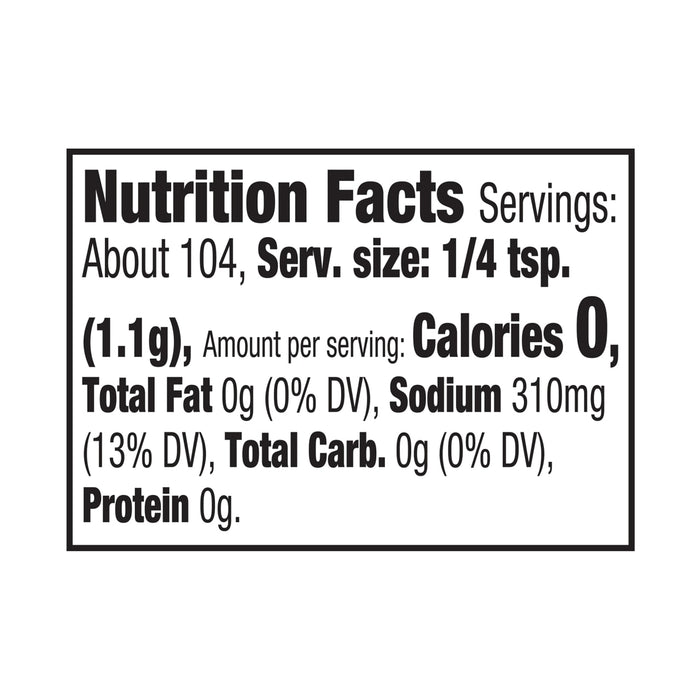 The nutrition facts label for Mccormick Ranch Finishing Salt, 4.03 Oz, lists 0 calories and 310mg of sodium per 1/4 tsp serving.