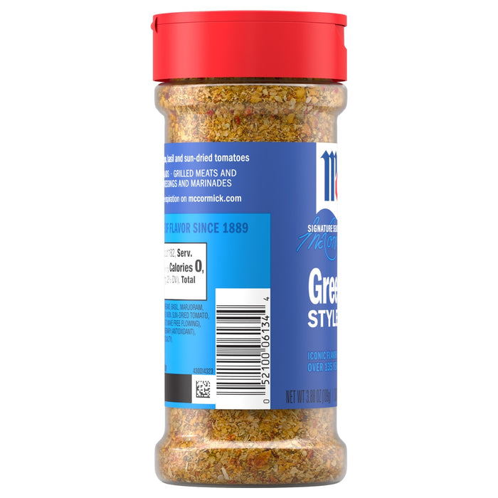 This is a bottle of McCormick Signature Seasonings Greek Style seasoning.