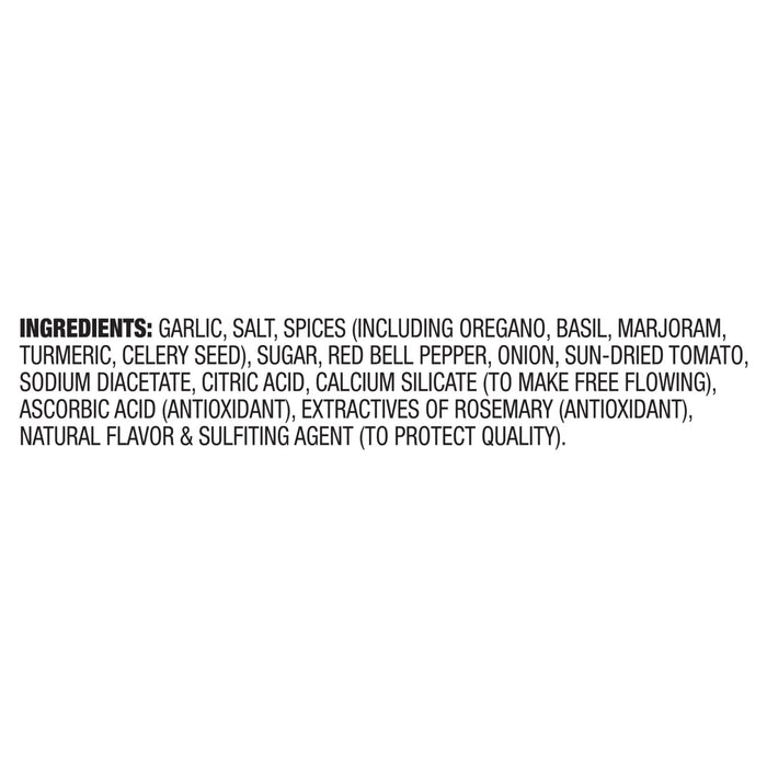 Ingredients list showing garlic, salt, spices, and other ingredients.