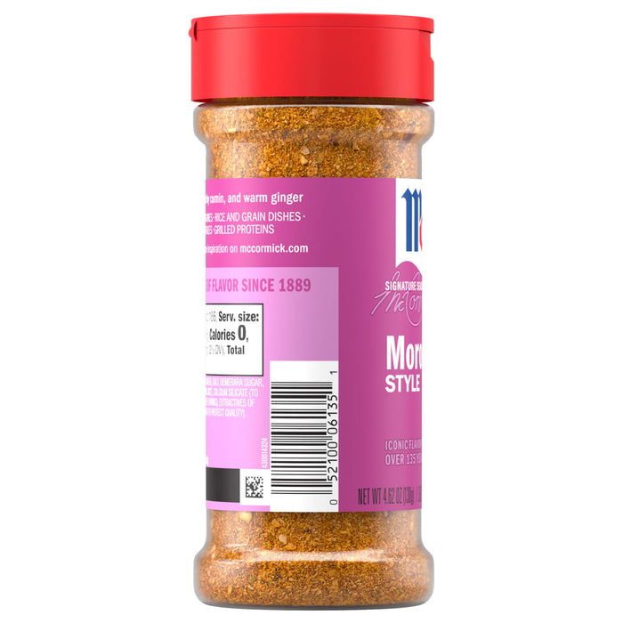 This is a bottle of McCormick Signature Seasonings Moroccan Style spice blend.