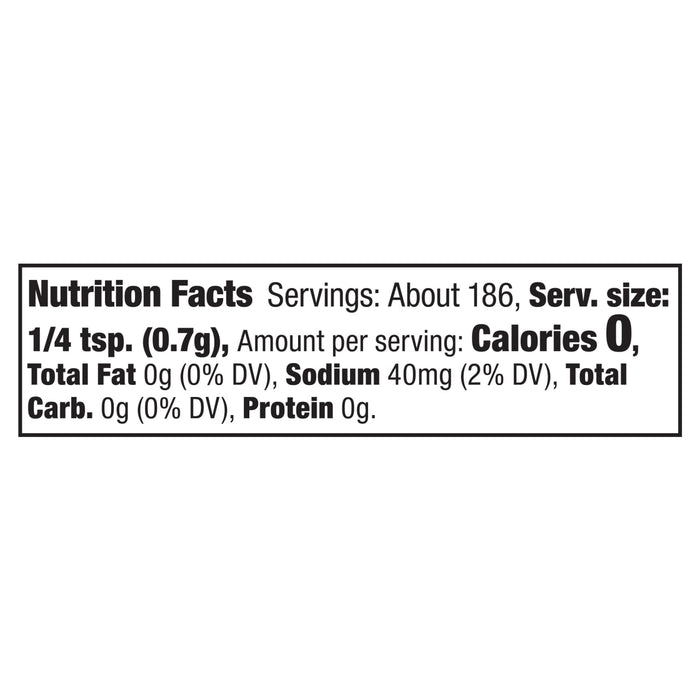 Nutrition facts label showing a serving size of 1/4 tsp (0.7g) with 0 calories and 40mg of sodium.