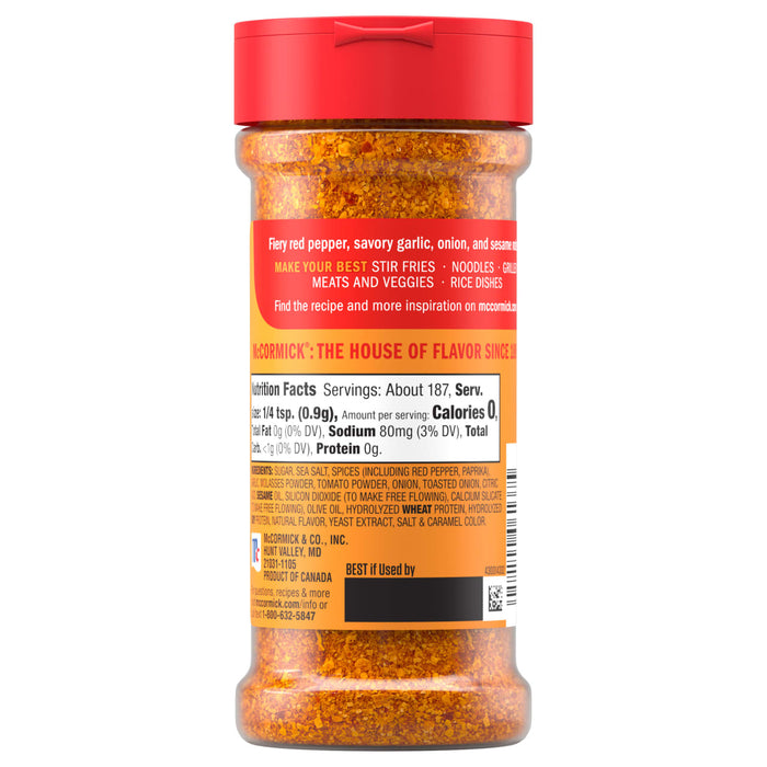 This is a bottle of McCormick Make Your Best Stir Fries seasoning blend, featuring fiery red pepper, savory garlic, onion, and sesame.