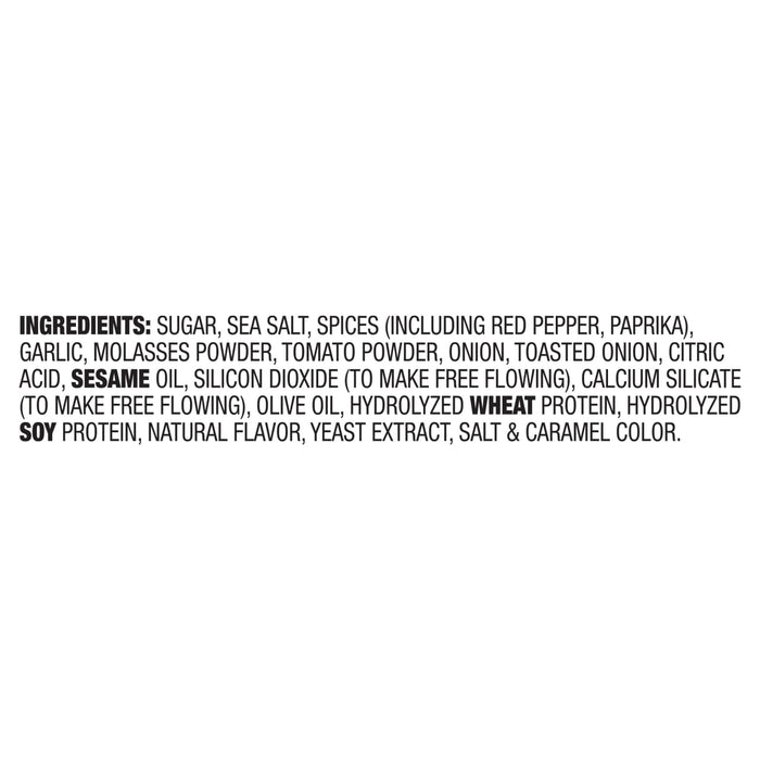The image shows the ingredient list, which includes spices, sugar, and hydrolyzed wheat and soy protein.