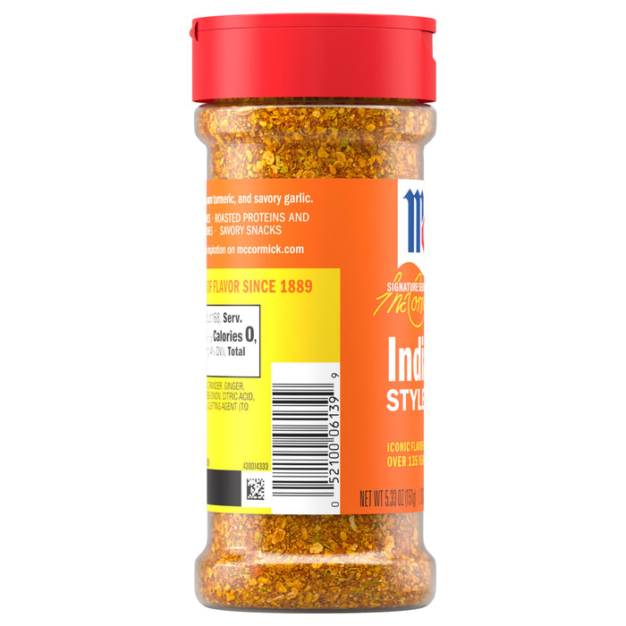This is a bottle of McCormick Signature Seasonings Indian Style spice blend.