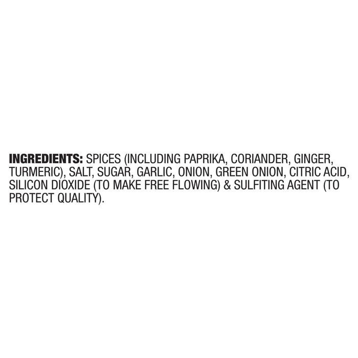 The image shows the ingredient list for a spice blend, including spices such as paprika, coriander, ginger, and turmeric, as well as salt, sugar, garlic, onion, green onion, citric acid, silicon dioxide, and a sulfiting agent.