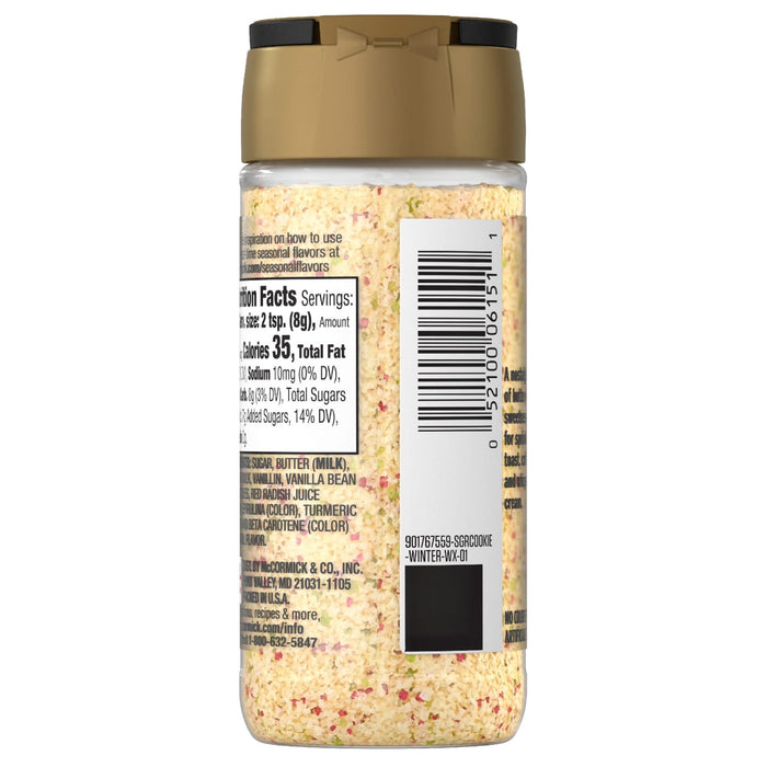 A back view of a clear bottle of Mccormick, 3.39 Oz sugar cookie seasoning showing the nutrition facts and ingredients like sugar and butter.