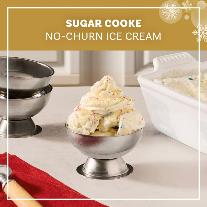 A festive bowl of sugar cookie no-churn ice cream is beautifully topped with a swirl of whipped cream and a dusting of Mccormick Sugar Cookie Finishing Sugar 3.39 Oz.