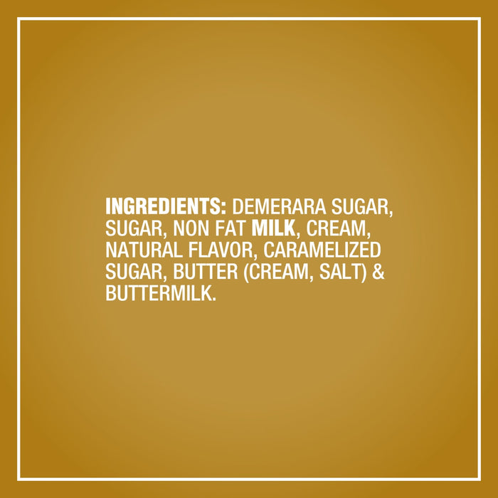 An ingredient list for Mccormick Dulce De Leche Finishing Sugar, 3.43 Oz featuring demerara sugar, non fat milk, cream, and caramelized sugar on a golden background.