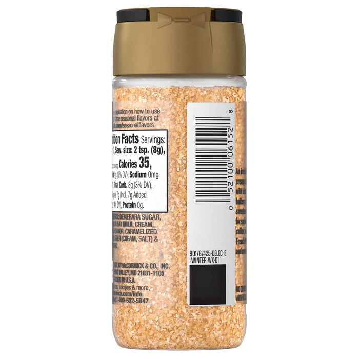 A back view of the Mccormick, 3.43 Oz bottle shows the nutrition facts and ingredients including demerara sugar and caramelized butter.