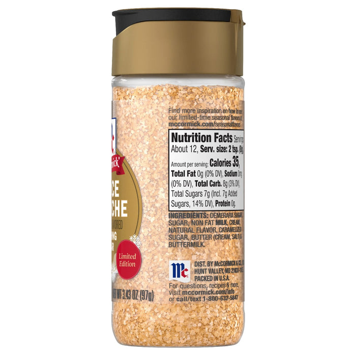 A bottle of Mccormick, 3.43 Oz Dulce de Leche flavored seasoning sugar featuring a nutrition facts panel and an ingredient list including demerara sugar and nonfat milk.