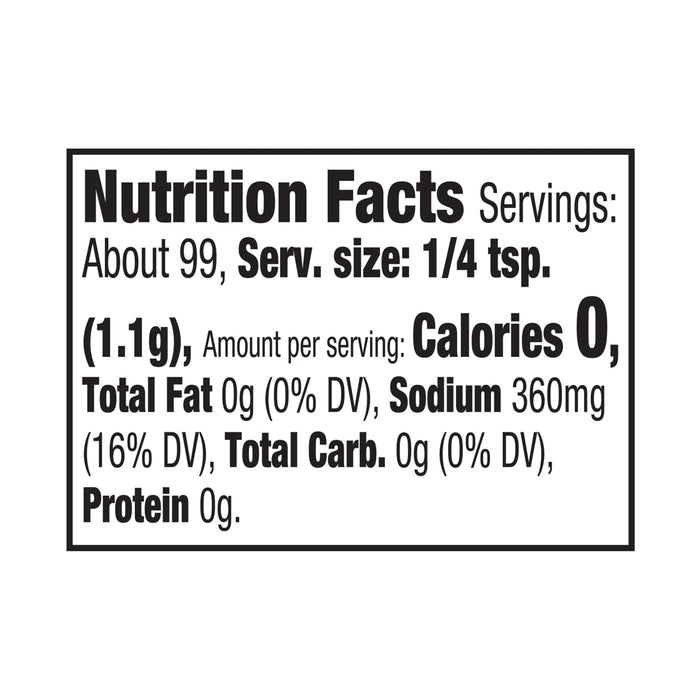 The nutrition facts label for Mccormick Smoky Garlic And Rosemary Finishing Salt, 3.88 Oz, indicates that a 1/4 teaspoon serving contains 0 calories and 360mg of sodium.