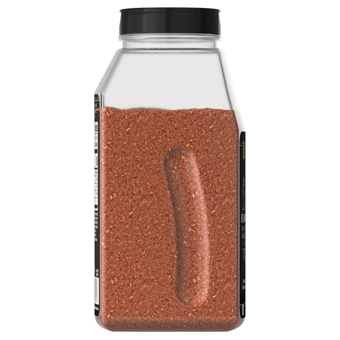 A bottle of red spice blend with a black lid.