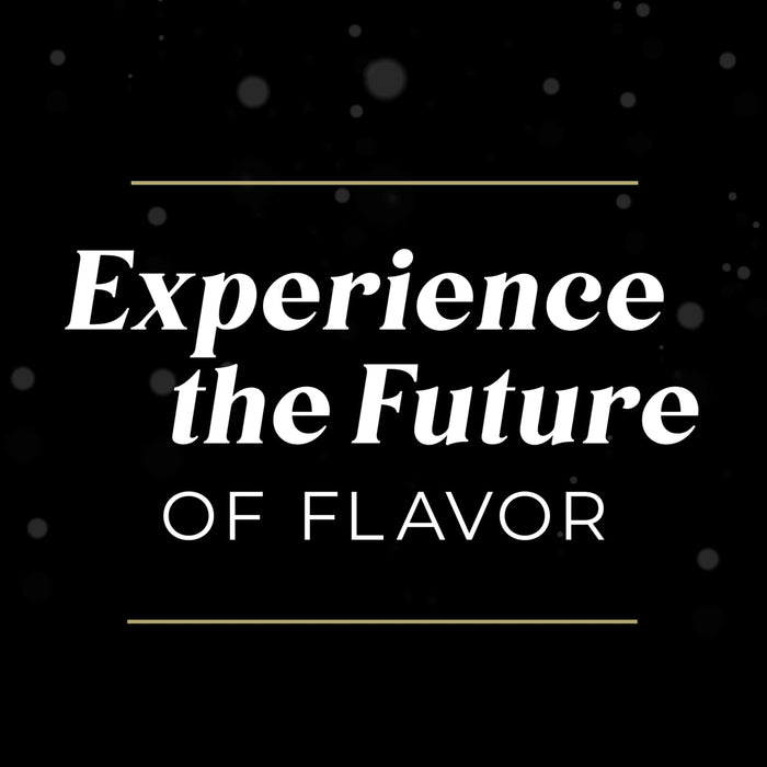 Experience the Future of Flavor is displayed in white text between two gold lines on a black background with bokeh.