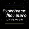 Experience the Future of Flavor is displayed in white text between two gold lines on a black background with bokeh.