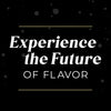Experience the Future of Flavor is displayed in white text between two gold lines on a black background with bokeh.