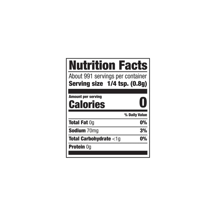 A nutrition facts label shows a serving size of 1/4 tsp (0.8g) with 0 calories, 0g total fat, 70mg sodium, less than 1g total carbohydrate, and 0g protein.